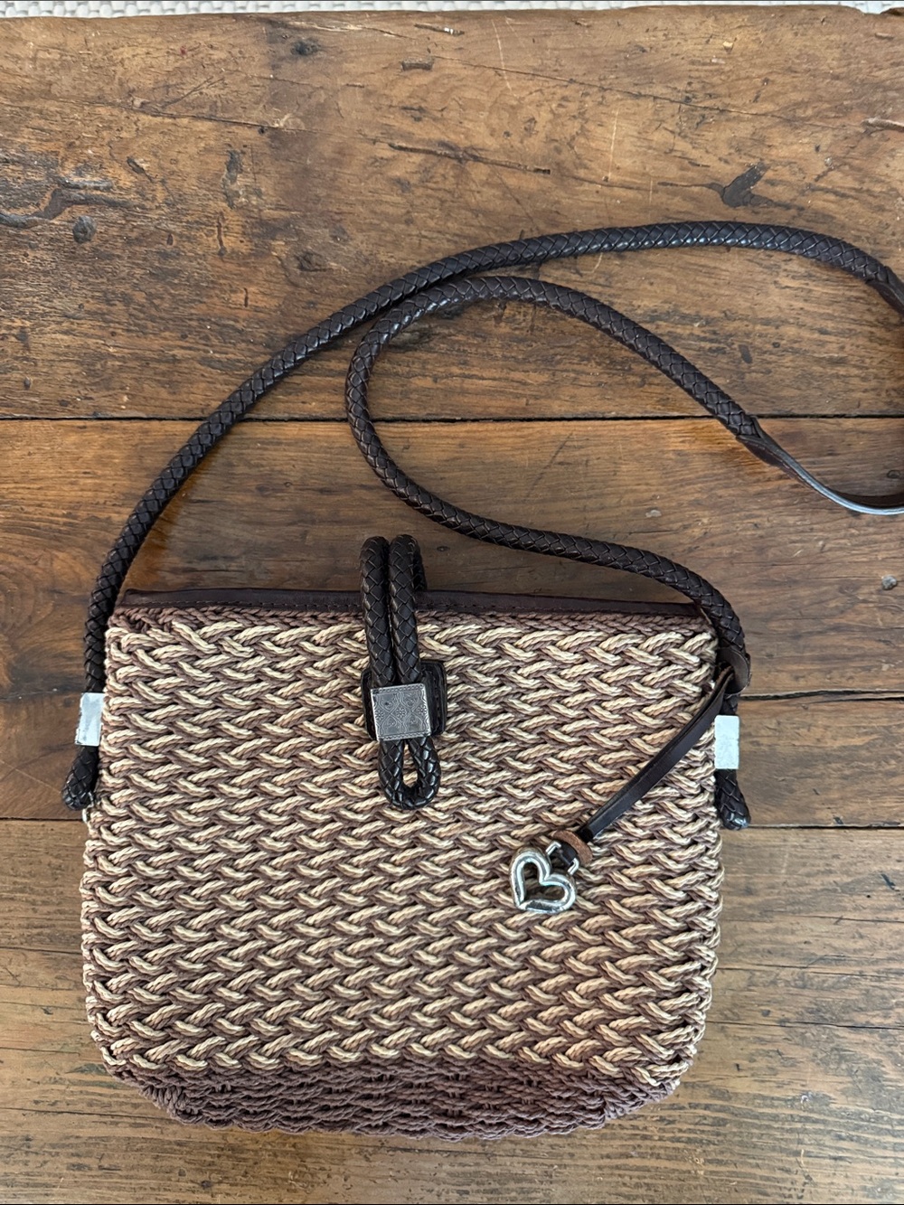 Brighton Tan Woven Jute Leather Braided Strap Crossbody Bag 10x8x2"